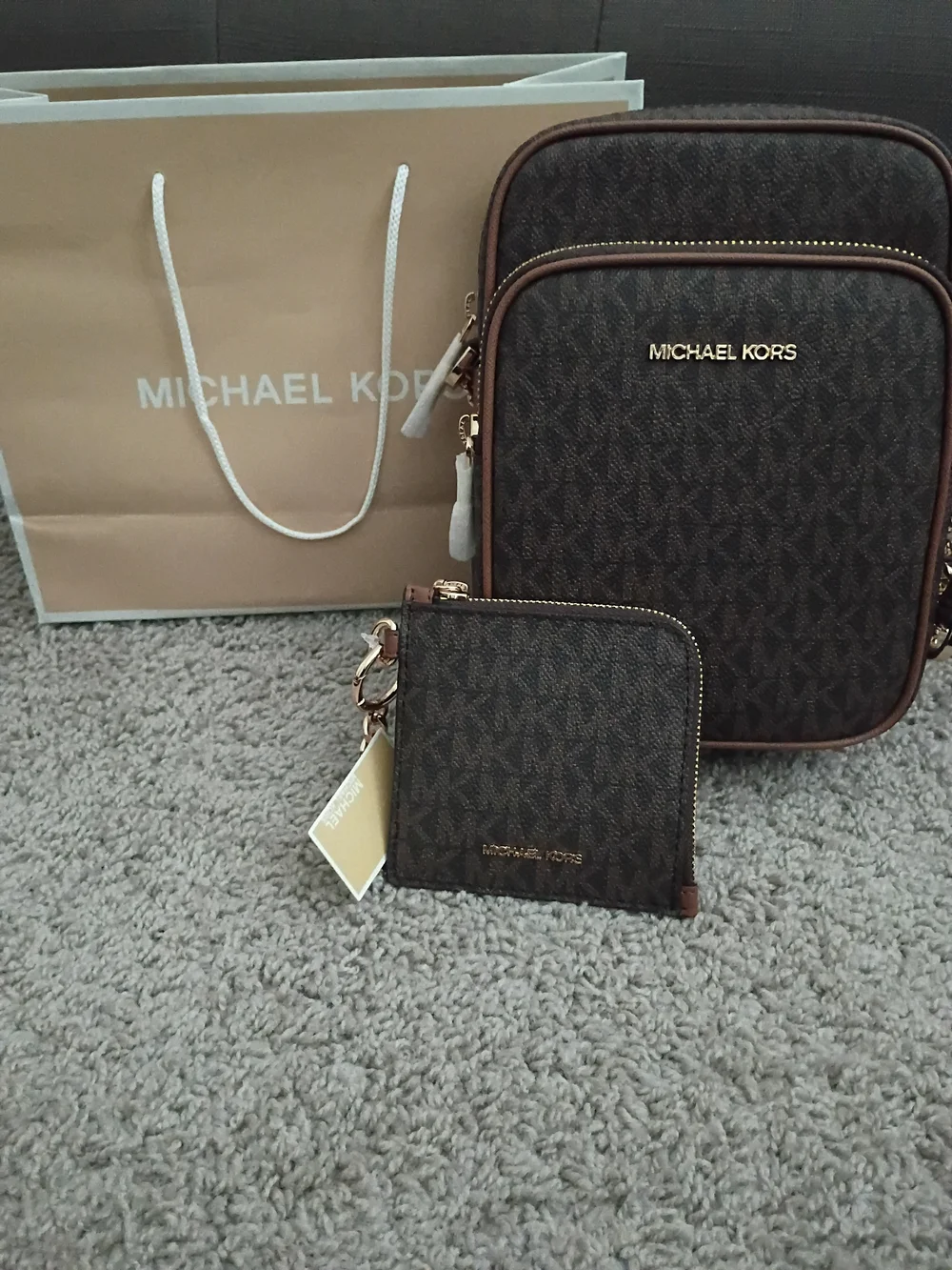 Michael Kors Brown Monogram Men’s Crossbody Belt Bag with Zip Pouch